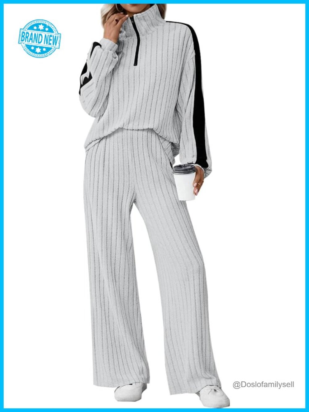 Half Zip Ribbed Knit Lounge Set 2 Piece Sweatsuit Wide Leg Tracksuit
